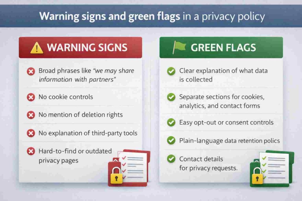 Warning signs and green flags in a privacy policy